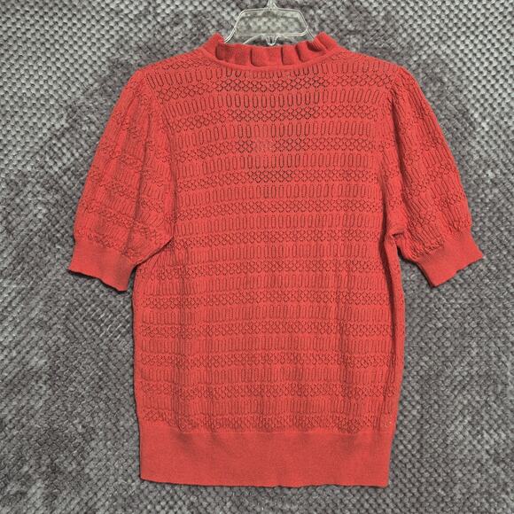 Loft Eyelit Ruffle Collar Blouse Women Large Coral S/S Sweater Open Knit VNeck - Picture 2 of 7